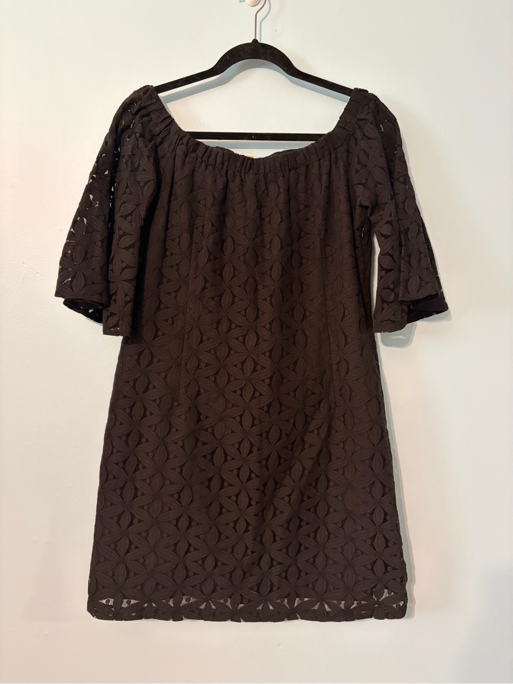 Off-Shoulder Black Lace Shift Dress